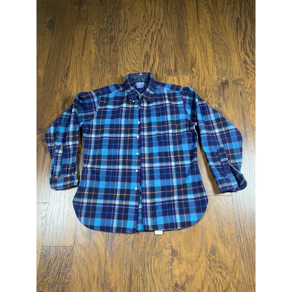Pendleton Vintage Mens Wool Plaid Shirt Blue Purple Large Made in USA Flannel
